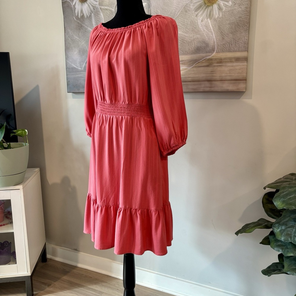 Knox Rose Coral Pink Off-Shoulder Dress | S | Smocked Waist & Ruffle Hem